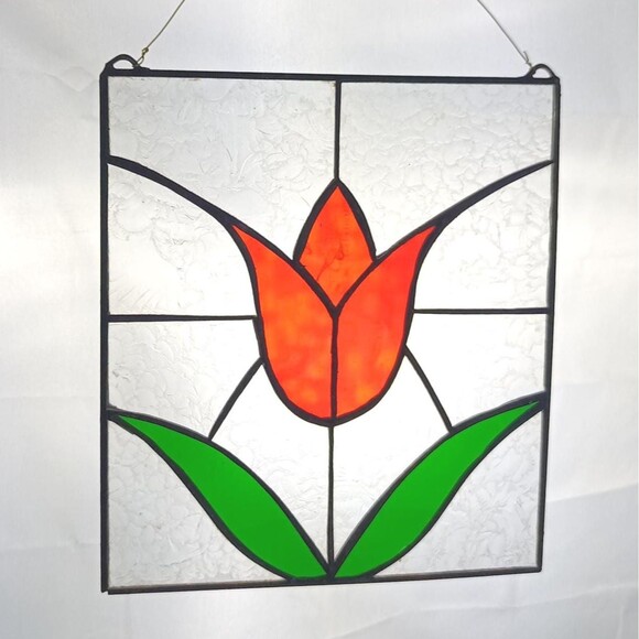 Stained Glass Panel Wall Hanging Window Decor 10 x 9 in Red Tulip Art Glass - Picture 1 of 10